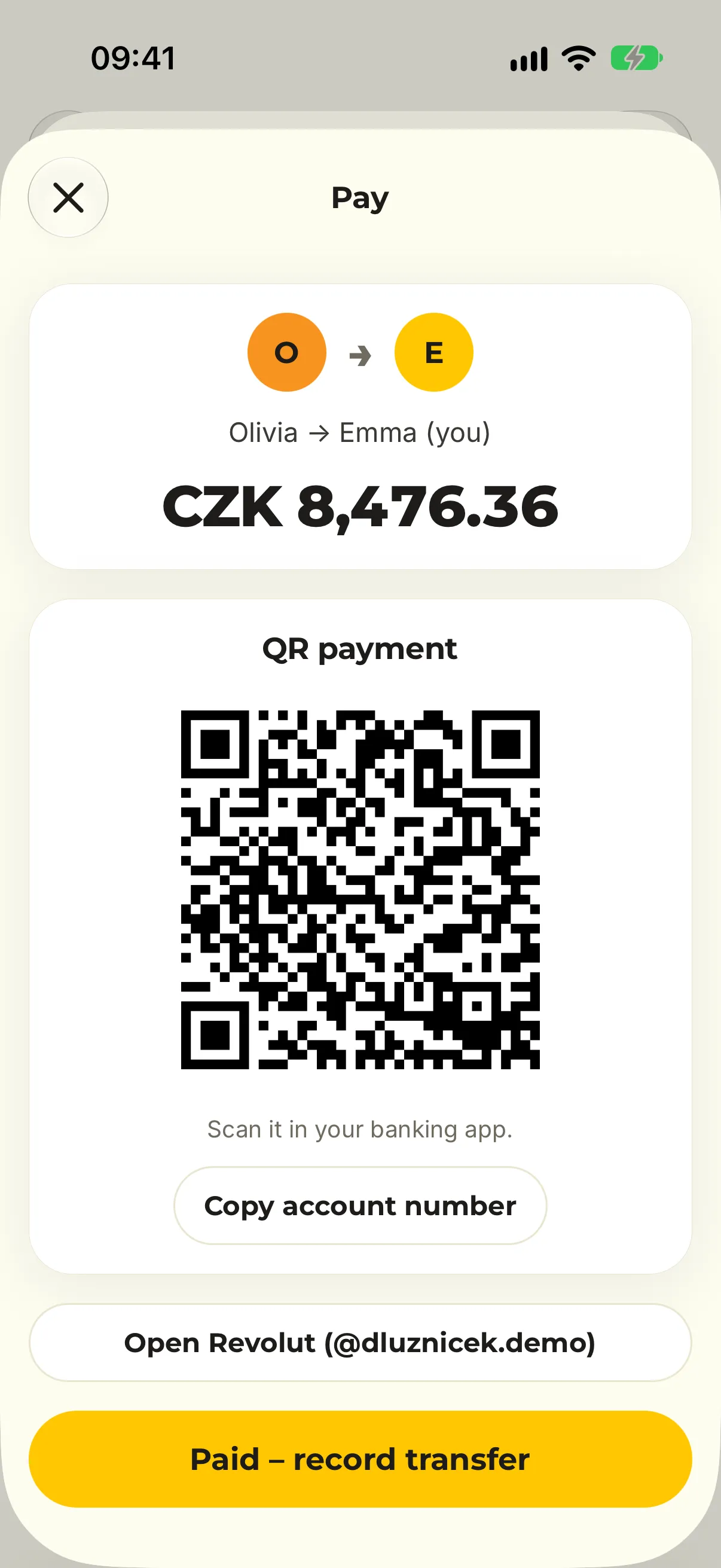 The Pay screen with a QR code for a banking app