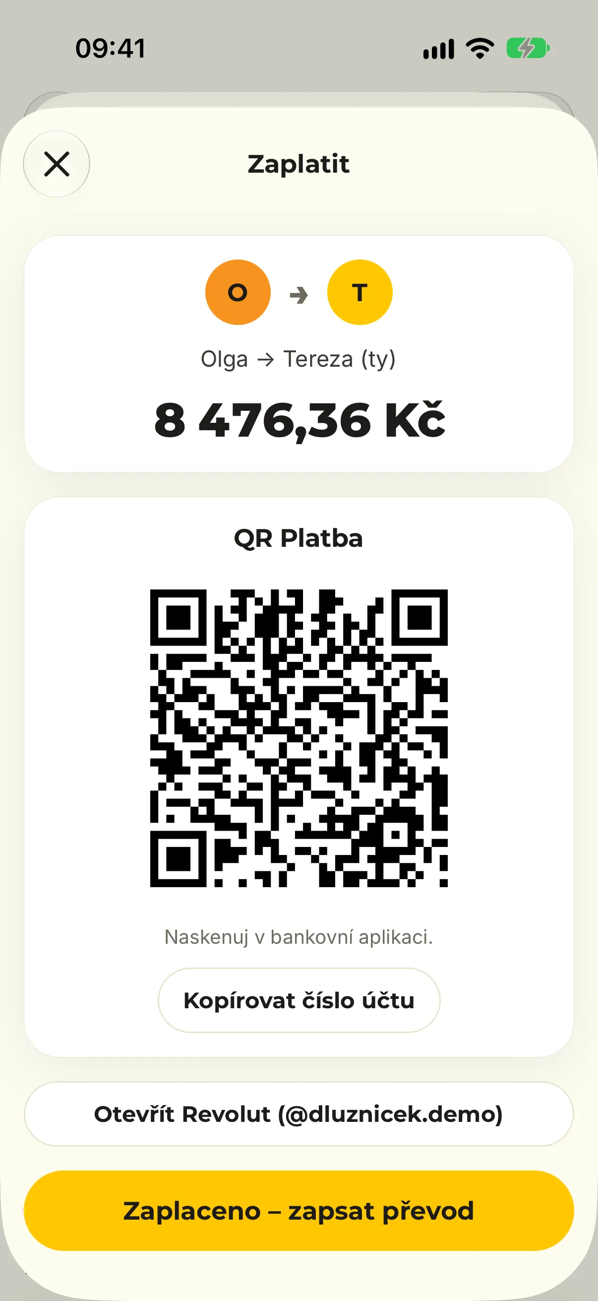 Obrazovka Zaplatit s QR kódem pro bankovní aplikaci