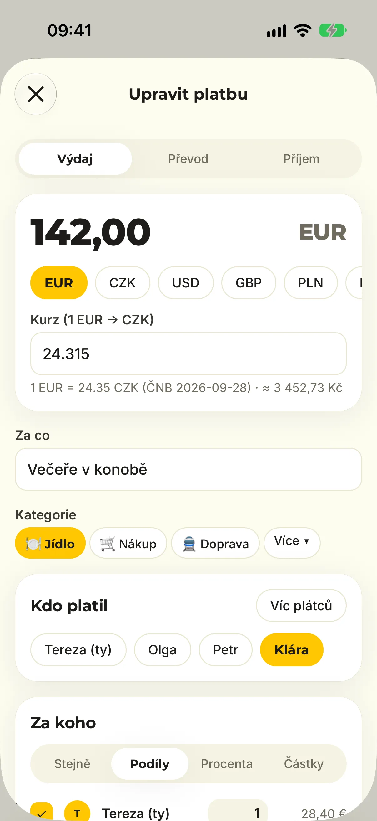 Formulář výdaje s dělením podle podílů